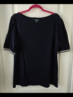 Lauren Ralph Lauren Navy Short Sleeve Boatneck Top with Striped Cuffs